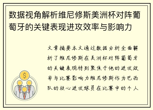 数据视角解析维尼修斯美洲杯对阵葡萄牙的关键表现进攻效率与影响力